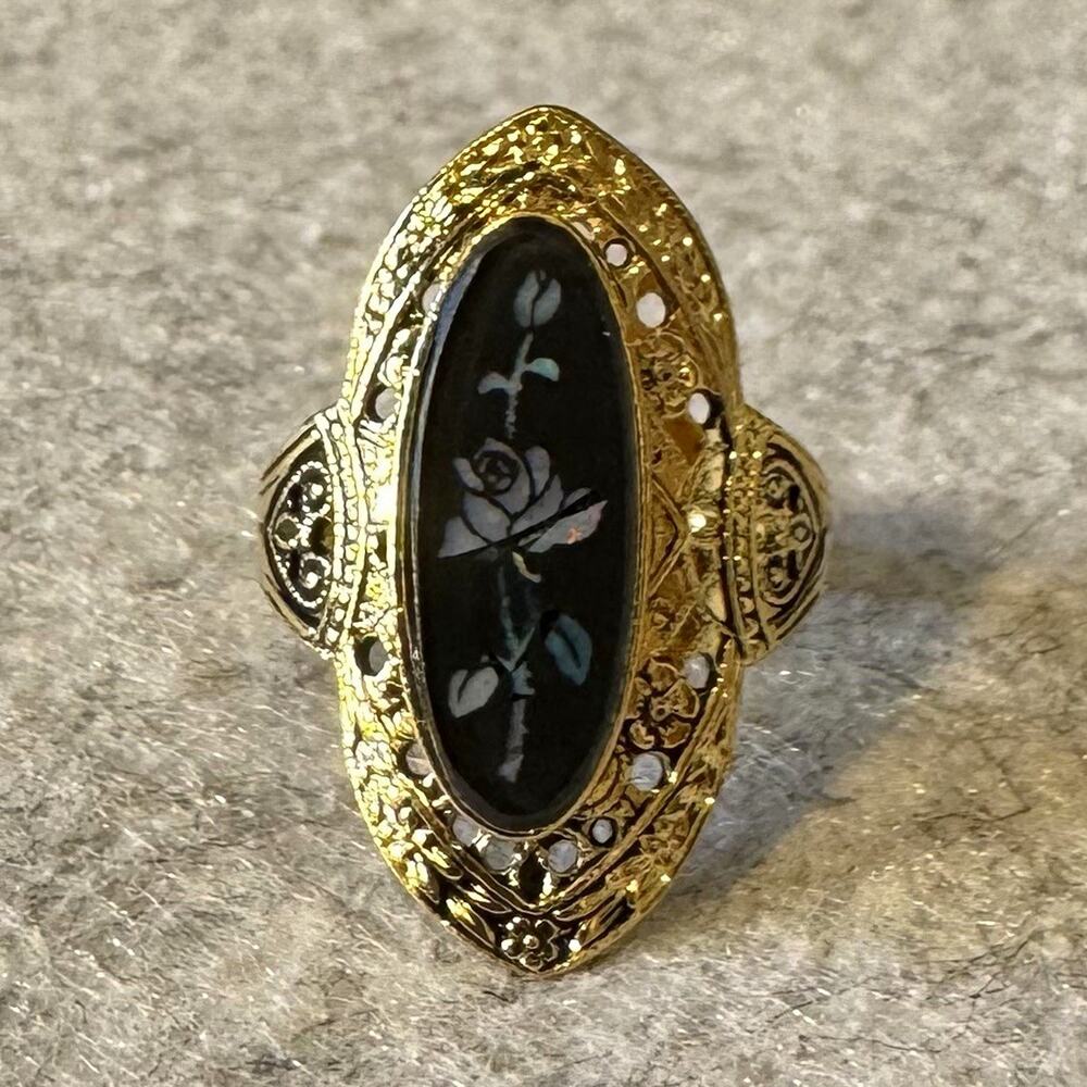 Vintage 14K GE Filigree Marquis Ring Black Inlay White Rose Size 6